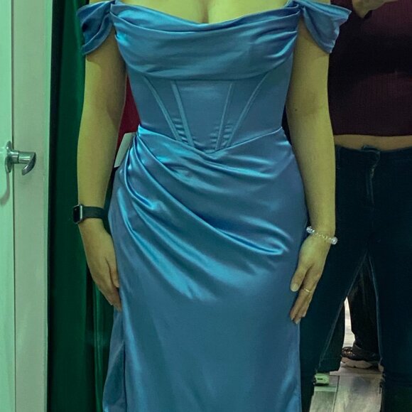 BLUE CORSET OFF THE SHOULDER HIGH SLIT PROM DRESS: Ladivine 7492C - Picture 1 of 3